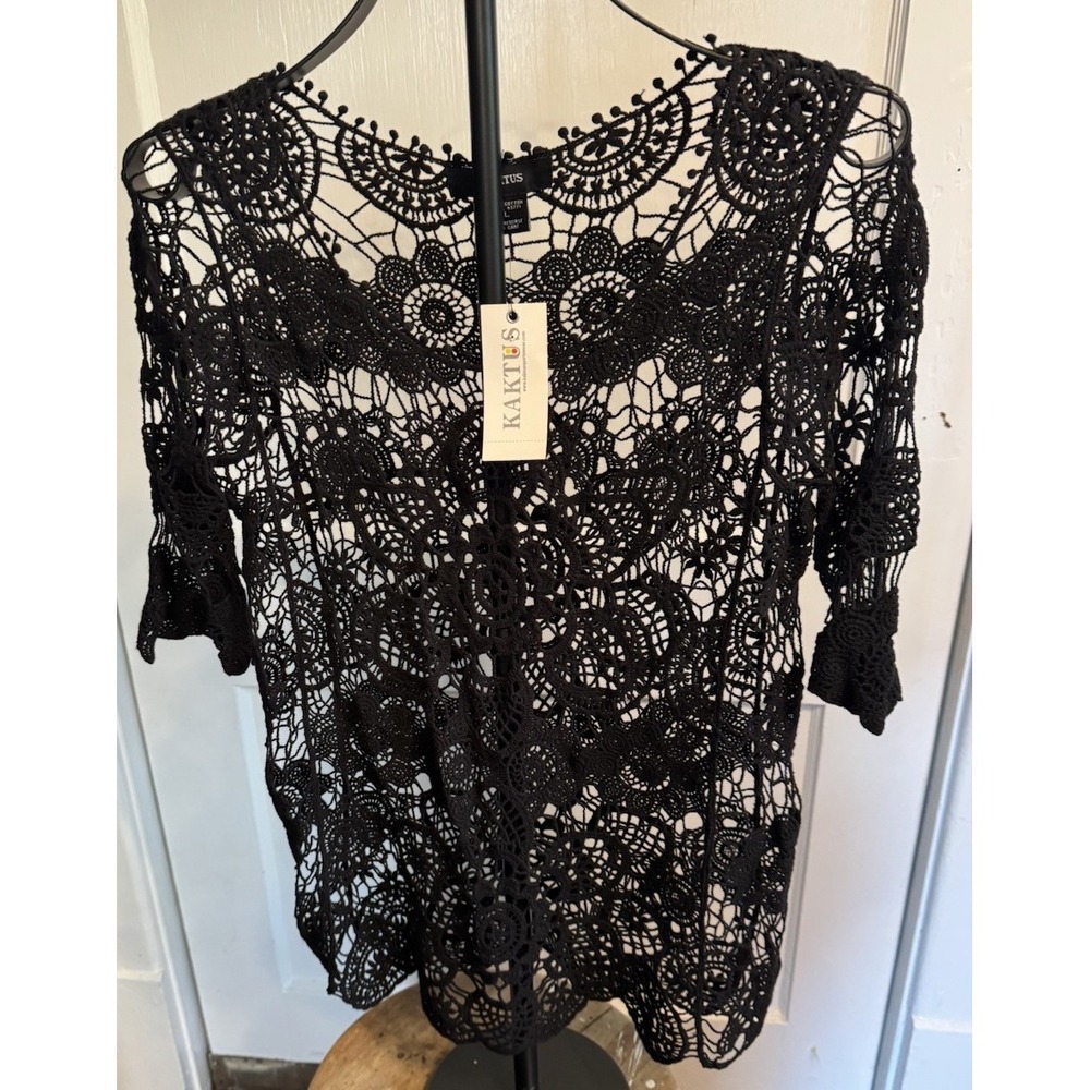 KAKTUS Women's Black Cotton Crochet Tunic Blouse 3/4 Sleeve L Boho NWT